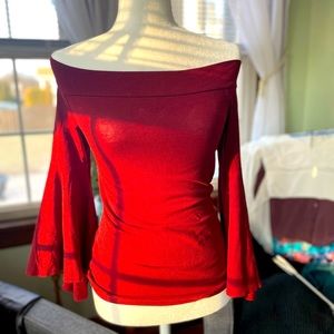 Express Maroon New Fitted Off The Shoulder Bell Sleeve